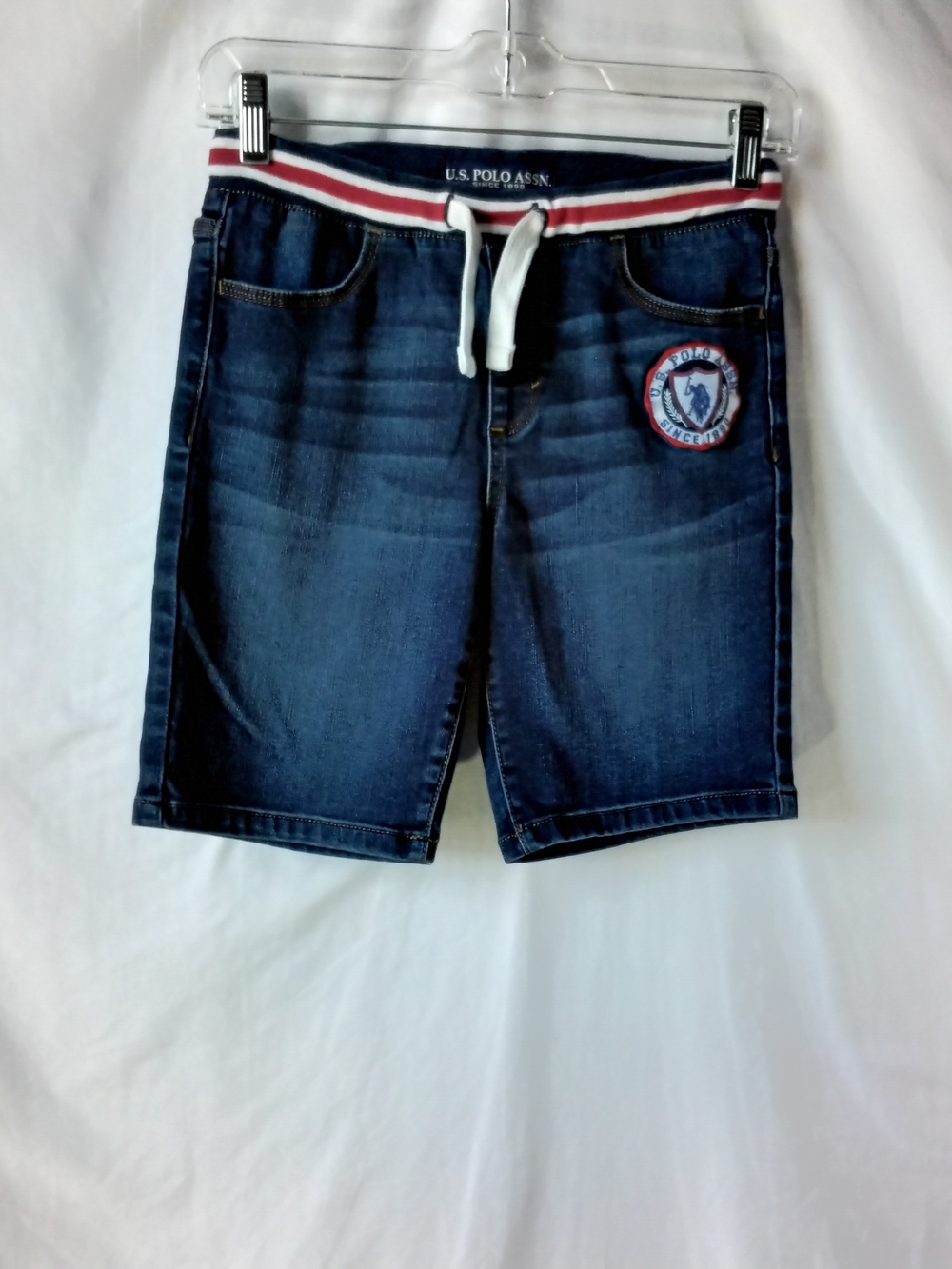 U.S. Polo Assn. Navy Denim-Look Drawstring Kids Shorts with Red & White Trim - Picture 2 of 7